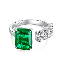 Green Cubic Zirconia Rectangle Open Cuff Ring, Real Platinum Plated Rhodium Plated 925 Sterling Silver Birthstone Ring with S925 Stamp, Green, 2.1~5mm, US Size 7(17.3mm)