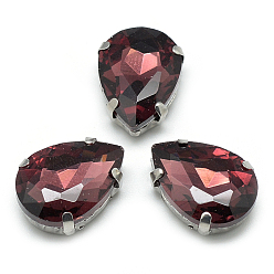 Rojo Oscuro Cose en el rhinestone, Enlaces multifilares, diamantes de imitación de cristal, con 201 ajustes de dientes de acero inoxidable, accesorios de prendas de vestir, facetados, lágrima, de color rojo oscuro, 14x10x6 mm, agujero: 0.8~1 mm