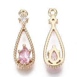 Pink Brass Micro Pave Cubic Zirconia Pendants, with Glass, Teardrop, Long-Lasting Plated, Light Gold, Pink, 17.5x6x2.5mm, Hole: 1mm