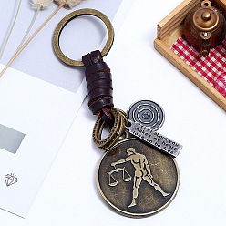 Aquarius Punk Style Woven Flat Round with 12 Constellation Leather Keychain, for Car Key Pendant, Aquarius, 11cm