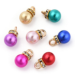 Mixed Color ABS Plastic Charms, with Golden Tone Iron Findings and Rhinestone, Dyed, Round Charm, Mixed Color, 13.5x8mm, Hole: 2.5mm