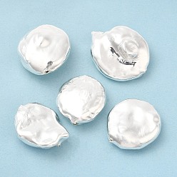 Серебро Латунные бусины, с гальваническим жемчугом внутри, неправильный плоский круглый, серебряные, 20.5~25x19.5~20.5x10~11 мм, отверстие : 0.8 мм