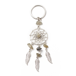 Labradorite Natural Labradorite Keychain, with Iron, 304 Stainless Steel & Alloy Findings, Woven Net/Web with Feather, 11.4~11.8cm