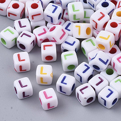 Letter L White Opaque Acrylic Beads, Horizontal Hole, Cube with Mixed Color Letter, Letter.L, 5x5x5mm, Hole: 2mm, about 5000pcs/500g