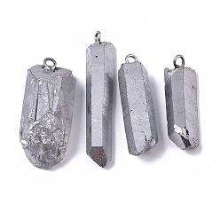 Silver Vacuum Plating Natural Quartz Crystal Pendants, with Brass Loop, Strip Shape, Silver, 24~36x7~16x6~11mm, Hole: 1.8mm