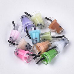 Mixed Color Plastic Cup Pendants, with Resin Inside and Iron Findings, Imitation Bubble Tea/Boba Milk Tea, Mixed Color, 23~28x13~17x13mm, Hole: 1.8mm