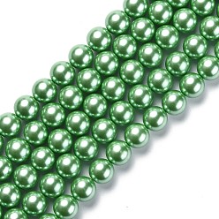 Vert Printanier Brins de perles rondes en verre teinté écologique, Grade a, cordon en coton fileté, vert printanier, 12mm, Trou: 0.7~1.1mm, Environ 34 pcs/chapelet, 15 pouce