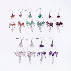 Mixed Stone Tibetan Style Alloy Chandelier Earrings, with Gemstone and Brass Earring Hooks, 74mm, Pin: 0.7mm