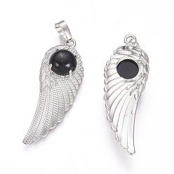 Black Agate Natural Black Agate Pendants, with Platinum Tone Brass Findings, Wing, Dyed & Heated, 47x16x7.5mm, Hole: 7x5mm