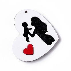 Blanc Pendentifs en acrylique pour la fête des mères, coeur avec breloques mère et bébé, blanc, 36.5x42x3.5mm, Trou: 1.6mm