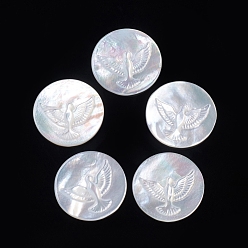 White Shell Natural White Shell Cabochons, Flat Round with Bird, 15.5x2.5mm