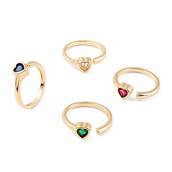 Mixed Color Brass Micro Pave Cubic Zirconia Cuff Rings, Open Rings, Long-Lasting Plated, Real 18K Gold Plated, Heart, Mixed Color, 2mm, Inner Diameter: 17mm