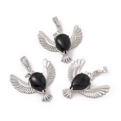 Obsidian Natural Obsidian Pendants, Bird Charms, with Platinum Tone Brass Findings, Cadmium Free & Nickel Free & Lead Free, 36~37x37.5~38.5x9~9.5mm, Hole: 7.5x5mm