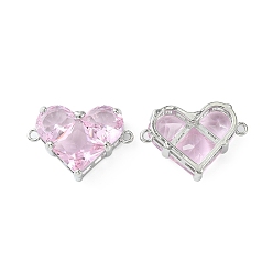 Pink Brass Pave Cubic Zirconia Connector Charms, Heart Links, Real Platinum Plated, Pink, 18.5x26x7.5mm, Hole: 1.6mm