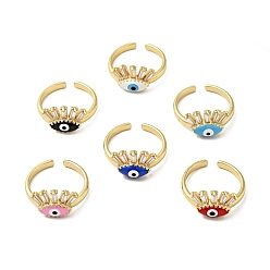 Mixed Color Enamel Horse Eye Open Cuff Ring with Clear Cubic Zirconia, Gold Plated Brass Jewelry for Wome, Lead Free & Cadmium Free, Mixed Color, US Size 6 1/2(16.9mm)