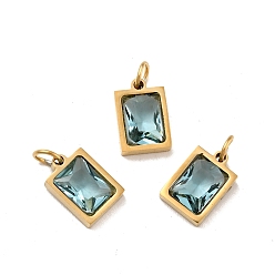 Light Cyan Vacuum Plating 304 Stainless Steel Pendants, with Cubic Zirconia and Jump Rings, Single Stone Charms, Rectangle, Golden, Light Cyan, 11.5x8x3.5mm, Hole: 3.6mm