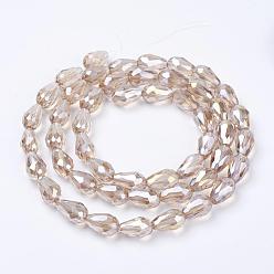 Linen Electroplate Glass Beads Strands, AB Color Plated, Faceted Teardrop, Linen, 7x5mm, about 65~67pcs/strand, 18~18.5 inch(45.5~46.9cm)
