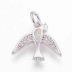 Pearl Pink Brass Cubic Zirconia Pendants, with Synthetic Opal, Bird, Platinum, Pearl Pink, 14.5x17x2.5mm, Hole: 4mm