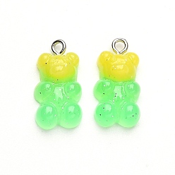 Lime Gradient Color Opaque Resin Pendants, with Glitter Powder and Platinum Tone Iron Peg Bails, Bear, Lime, 21x11x6.5mm, Hole: 2.0mm