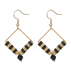 Black Glass Seed Braided Rhombus Dangle Earrings, Golden 304 Stainless Steel Jewelry for Women, Black, 51x29mm