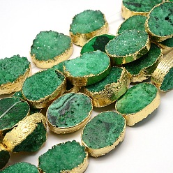 Green Golden Plated Dyed Oval Natural Druzy Quartz Crystal Beads Strands, Green, 30x22x5~12mm, Hole: 2mm, about 6pcs/strand, 7 inch