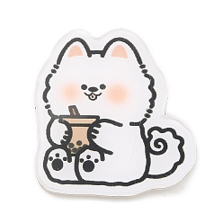 White Dog with Boba Milk Tea Acrylic Brooches, with 201 Stainless Steel Pins, White, 31x29x6.5mm