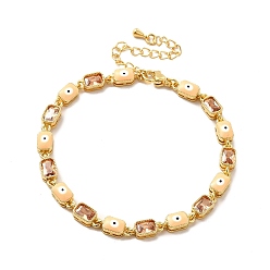 Saumon Clair Bracelet chaîne à maillons rectangulaires en émail mauvais œil et zircone cubique, bijoux en laiton doré pour femme, saumon clair, 7-1/4 pouce (18.5 cm)