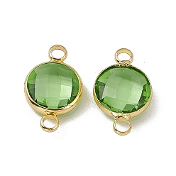 Peridot Transparent K9 Glass Connector Charms, with Light Gold Plated Brass Findings, Faceted, Flat Round Links, Peridot, 17.5x10.5x4.5mm, Hole: 2mm