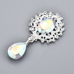 Clear AB Alloy Flat Back Cabochons, with Acrylic Rhinestones, Oval and Teardrop, Silver Color Plated, Faceted, Clear AB, 58x29x7mm, Pendant: 24.5x13x7mm