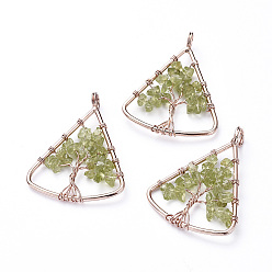 Peridot Long-Lasting Plated Brass Pendants, Wire Wrapped Pendants, with Natural Peridot Chips, Triangle with Tree, Rose Gold, 39~40x30~31x4~8mm, Hole: 4.5mm