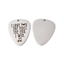 Stainless Steel Color 201 Stainless Steel Pendants, Guitar Pick Charm, Laser Cut, with Word I Love You The Most The End I Win, Stainless Steel Color, 38x25x1.5mm, Hole: 2.2mm