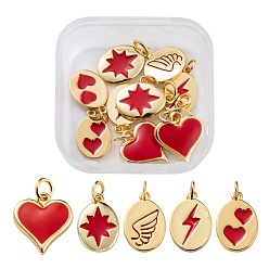 Red 10Pcs 5 Style Real 18K Gold Plated Brass with Jump Rings Enamel Charms, Valentine's Day, Long-Lasting Plated, Heart & Oval, Red, 2pcs/style
