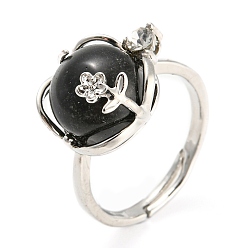 Обсидиан Регулируемое кольцо из натурального обсидиана круглой формы с цветком, платиновое латунное кольцо с хрустальными стразами, внутренний диаметр: 18 мм