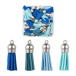 Bleu 60 pcs 4 couleurs décorations de pendentif pompon en faux daim, avec extrémités de cordon en plastique ccb platine, bleu, 33~35x10mm, Trou: 2.5mm, 15 pcs / couleur