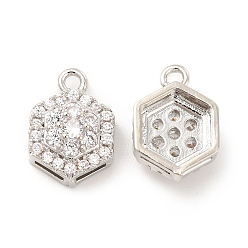 Clear Brass Micro Pave Cubic Zirconia Charms, Hexagon Charm, Platinum, Clear, 14x9.5x5.5mm, Hole: 1.5mm