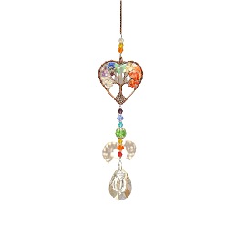 Heart Glass Teardrop Pendant Decoration, Hanging Suncatchers, with Tree of Life Natural Gemstone Chip for Home Garden Decoration, Heart, 288mm