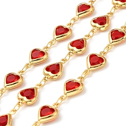 Crimson Heart Handmade Brass Glass Link Chains, Real 18K Gold Plated, Soldered, with Spool, Cadmium Free & Lead Free, Crimson, 12.5x7.5x2.5mm