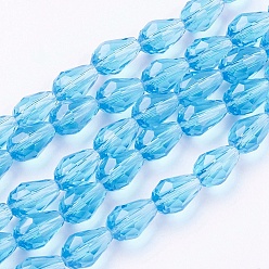 Deep Sky Blue Glass Beads Strands, Faceted, teardrop, Deep Sky Blue, 15x10mm, Hole: 2mm, about 48pcs/strand, 27.56 inch(70cm)