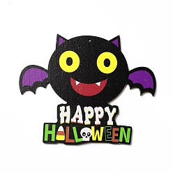 Bat Single Face Printed Wood Big Pendants, Halloween Charms, Bat, 118x145x4mm, Hole: 3mm