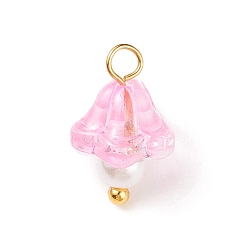 Perlas de Color Rosa Encantos de vidrio electrochapado, con fornituras de latón dorado y cuentas redondas de perlas de vidrio, flor de trompeta, rosa perla, 14x9x9 mm, agujero: 2.5 mm