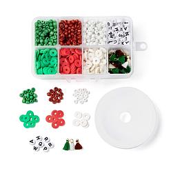Mixed Color 3 Colors 1155Pcs DIY Christmas Theme Stretch Bracelets Making Kits, Including Round Glass Seed Beads, Polymer Clay Heishi Beads, Polycotton Tassel, Acrylic Letter Beads and 8m Elastic Crystal Thread, Mixed Color, 4mm, Hole: 1.5mm
