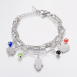 Stainless Steel Color 304 Stainless Steel Charm Multi-strand Bracelets, with Lampwork Evil Eye Beads, Heart, Clover and Hamsa Hand/Hand of Fatima/Hand of Miriam, Stainless Steel Color, 6-3/4 inch(170mm), 3~5mm, 10~19x6~15x1.2~6mm