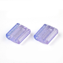 Prune 2 trous perles de rocaille de verre, peint en aérosol transparent, avec de la poudre de paillettes, rectangle, prune, 5x4.5~5.5x2~2.5mm, Trou: 0.5~0.8mm