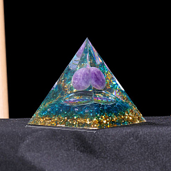Amethyst Resin Orgonite Pyramid Display Decorations, with Natural Amethyst, for Home Office Desk, 60mm