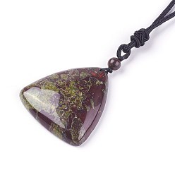 Dragon Blood Adjustable Natural Indian Blood Stone Pendant Necklaces, with Nylon Theard, Triangle, 23.6 inch~24.8 inch(60~63cm), Triangle: 42x44x9mm