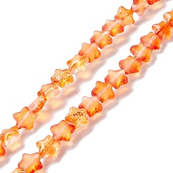 Orange Transparent perles de verre brin, avec de la poudre de paillettes, étoiles, orange, 7.5~8x8.3x4mm, Trou: 0.7~1mm, Environ 50 pcs/chapelet, 14.72~14.92 pouce (37.4~37.9 cm)