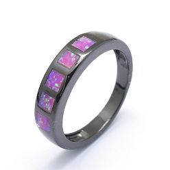 Gunmetal Synthetic Opal Finger Rings, with Brass Findings, Long-Lasting Plated, Size 7, Orchid, Gunmetal, 17.5mm