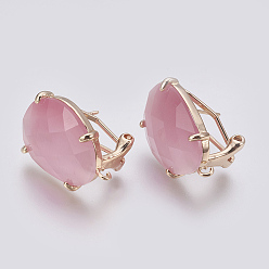 Pearl Pink Faceted Glass Stud Earring Findings, with Loop, Light Gold Plated Brass Findings, Oval, Pearl Pink, 20x15.5x6~6.5mm, Hole: 1.2mm, Pin: 0.7mm