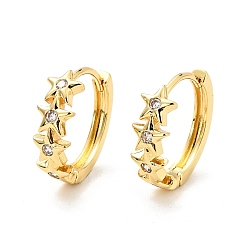 Real 18K Gold Plated Clear Cubic Zirconia Stars Hoop Earrings, Brass Jewelry for Women, Cadmium Free & Nickel Free & Lead Free, Real 18K Gold Plated, 15x16x5mm, Pin: 0.8mm
