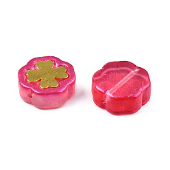 Cerise Transparent Spray Painted Glass Beads, with Glitter Powder and Golden Plated Brass Findings, Flower, Cerise, 12x12x4.5mm, Hole: 1mm